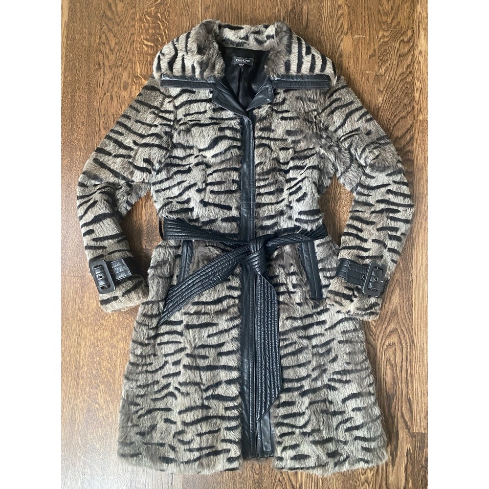 BEBE Vintage Y2K Genuine Rabbit Fur & Leather Tiger Print Trench Coat Jacket S - Picture 3 of 11